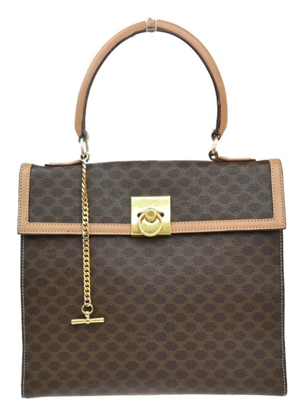 CELINE Logo Macadam Pattern Hand Bag PVC Leather Brown Beige GHW Italy 35MA546